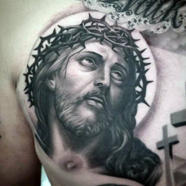 Jesus Face Mens Upper Chest Tattoo Design With Cross