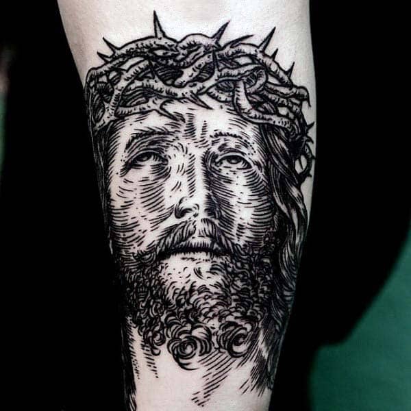 Jesus Face Portrait Woodcut Mens Inner Forearm Tattoo