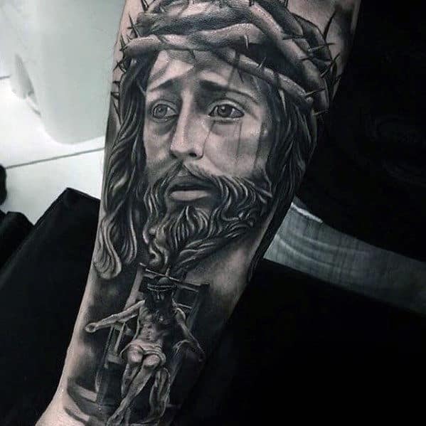 Jesus In Chair Mens Heavily Shaded Inner Forearm Tattoos