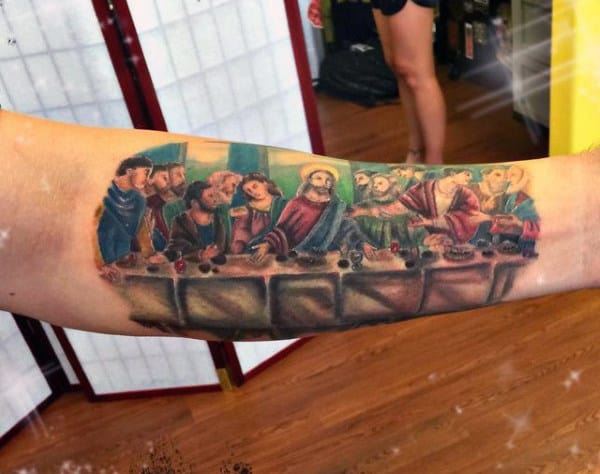 Jesus Last Supper Tattoo For Guys On Inner Forearm Full Color Ink