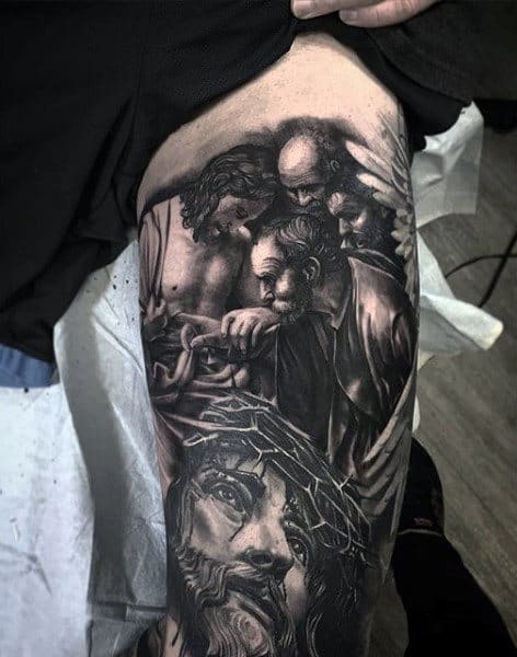 Jesus Male Leg Tattoo With Realistic Design