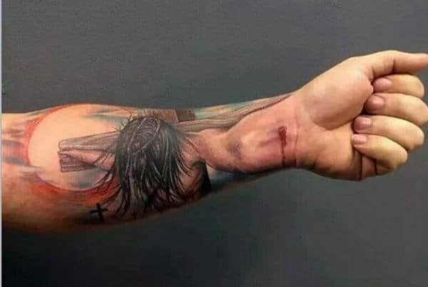 Jesus Nailed To Cross Christian Forearm Tattoo For Men
