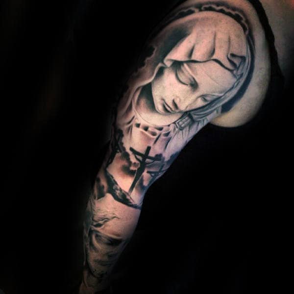 Jesus On Cross With Mother Mary Guys Chicano Sleeve Tattoo