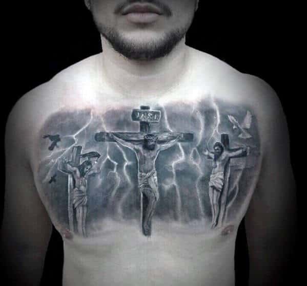Jesus On The Cross Catholic Upper Chest Tattoo For Gentlemen