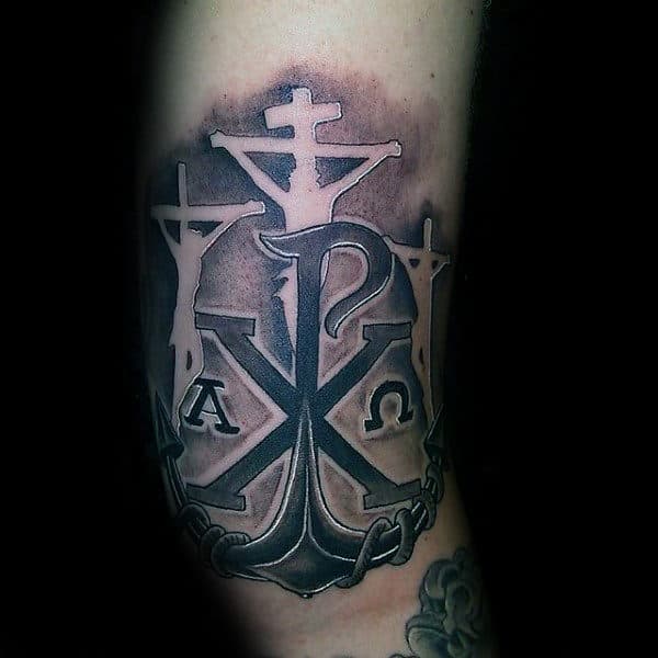 Jesus On The Cross Mens Negative Space Chi Rho Arm Tattoos