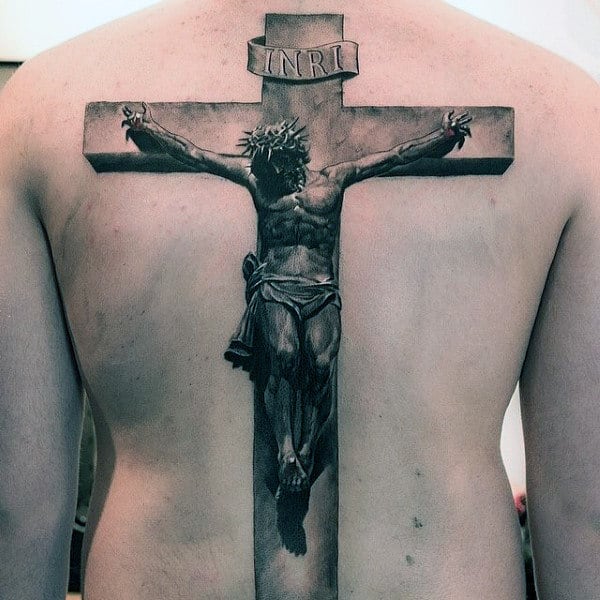 Jesus On The Cross Realistic 3d Mens Detailed Full Back Tattoos
