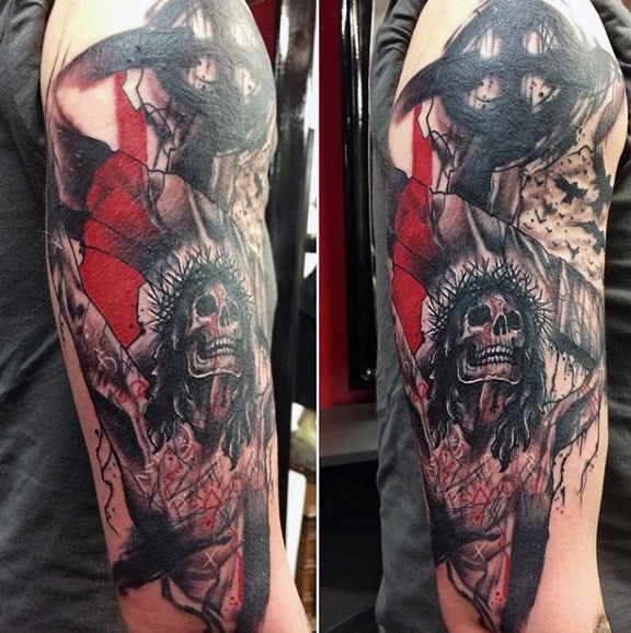 Jesus On The Cross Trash Polka Guys Arm Tattoos