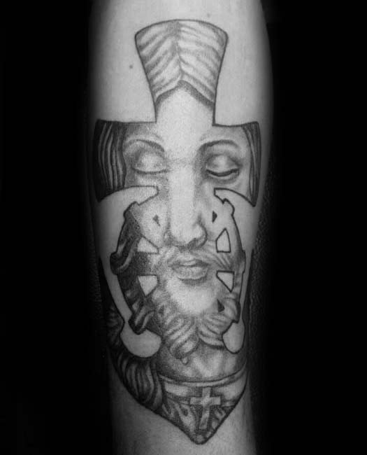 Jesus Portrait Inside Anchor Cross Inner Forearm Tattoos For Men