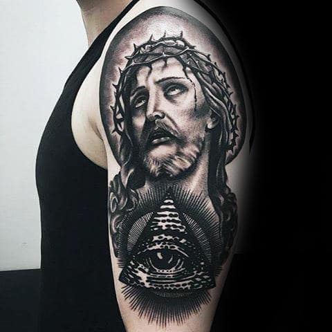 Jesus Portrait With Eye Of Providence Guys Arm Tattoo