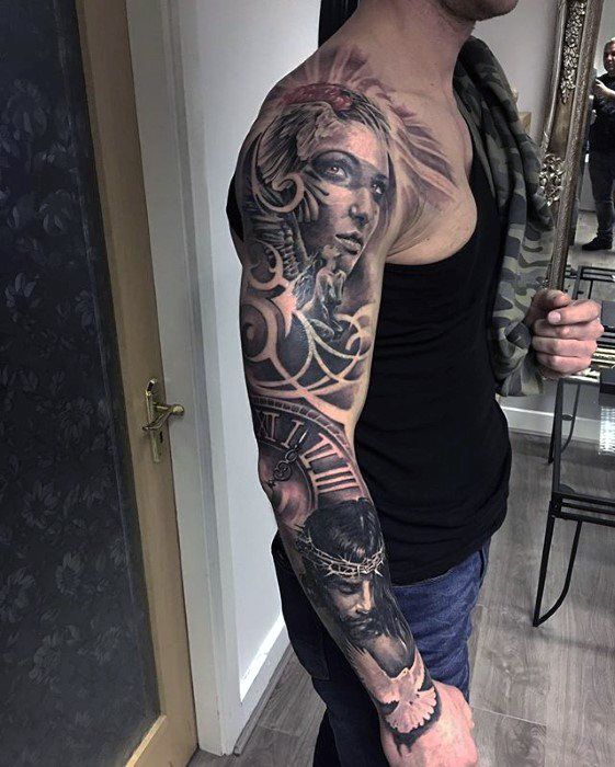 Jesus Roman Numeral Shaded Guys Tattoo Cover Up Sleeve