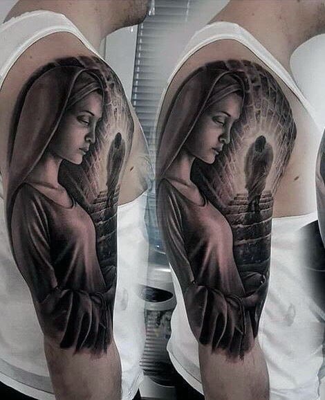 Jesus Walking Up Stairs To Heaven Mens Virgin Mary Half Sleeve Tattoos