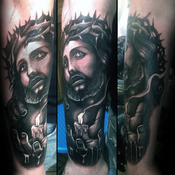Jesus With Crown Of Thorns And Melting Candle Mens Outer Forearm Tattoo