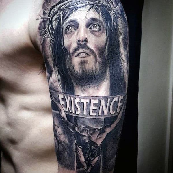 Jesus With Existence Banner Guys 3d Realistic Half Sleeve Tattoo