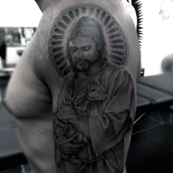 Jesus With Lamb Guys Catholic Religious Arm Tattoo