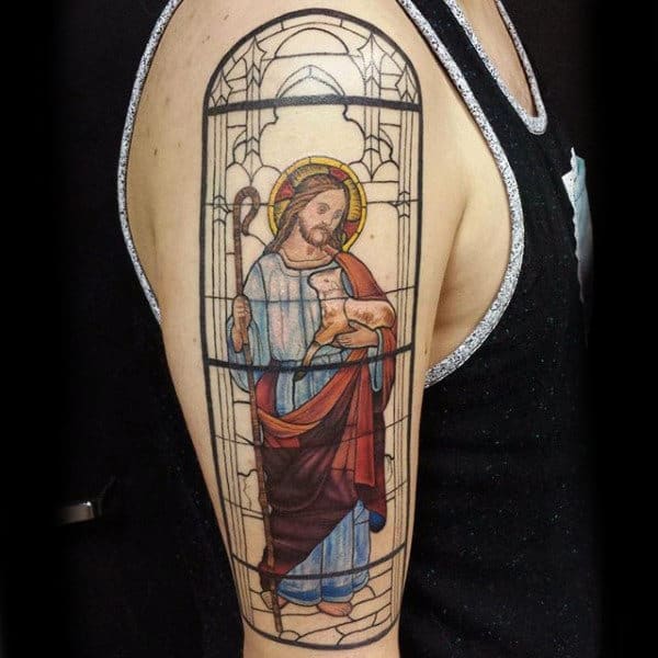 Jesus With Lamp Stained Glass Mens Upper Arm Tattoo