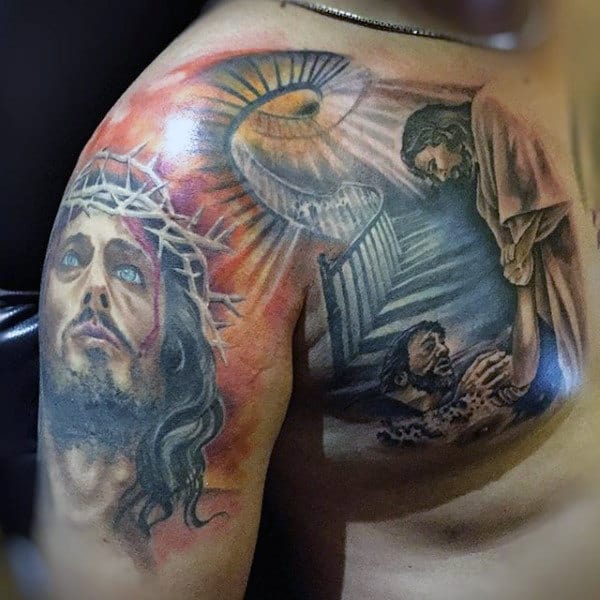 Jesus With Stairs To Heaven Arm And Chest Tattoos For Guys
