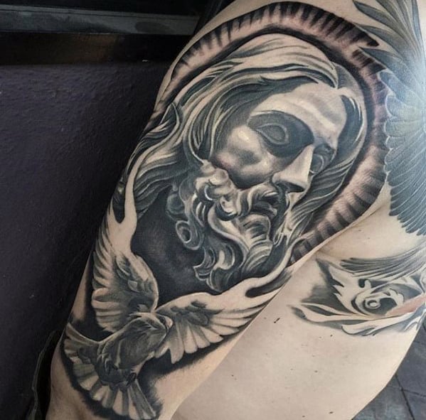 Jesus With White Flying Dove Mens Arm Tattoos
