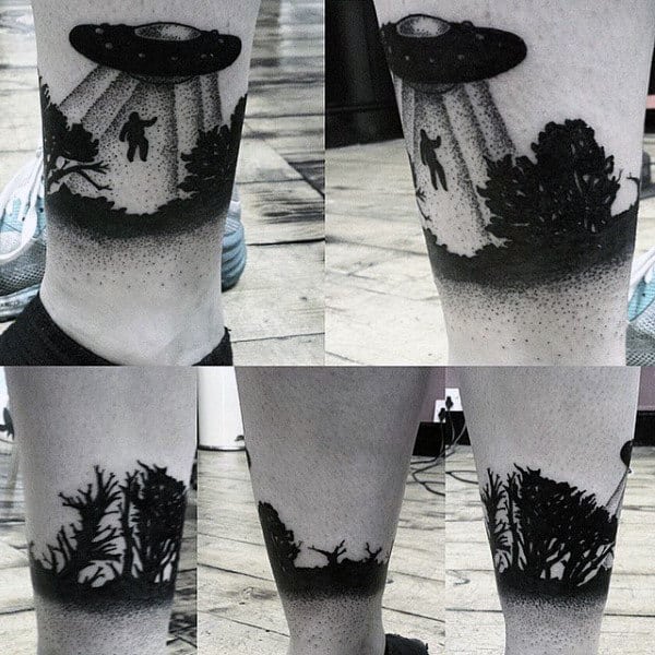 Jet Black Dotted Ufo Tattoo Guys Lower Legs