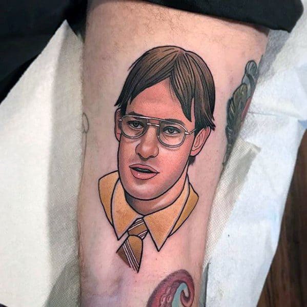 Color tattoo of Jim Halpert dressed as Dwight Schrute from The Office, referencing the iconic "Identity Theft is Not a Joke" prank.