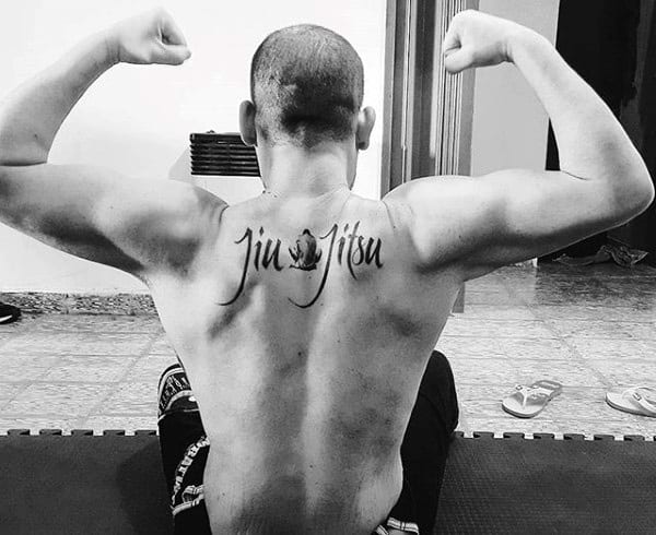 Jiu Jitsu Lettering Male Upper Back Tattoo Inspiration