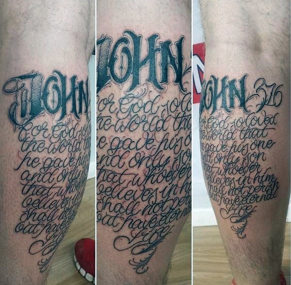 John 316 Script Mens Leg Calf Tattoo Designs