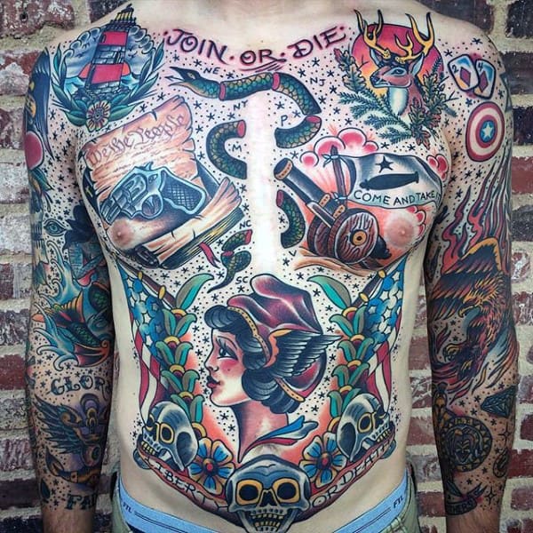 Join Or Die Mens Old School Traditional Chest Tattoo Designs