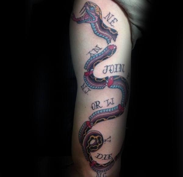 Join Or Die Snake Thigh Traditional Old School Male Tattoos