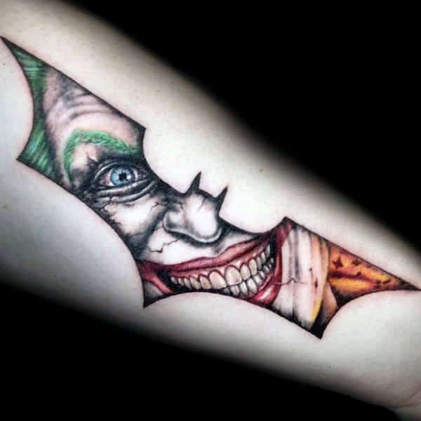 Joker Inside Batman Symbol Guys Outer Forearm Tattoos