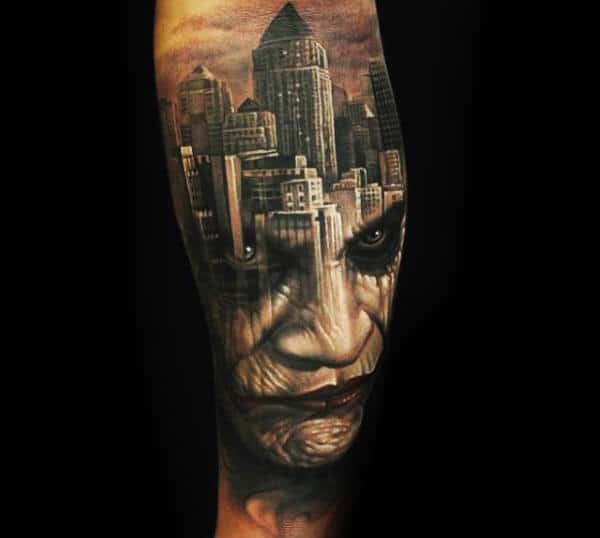Joker Portrait With Background Of City Skyline Guys Leg Tattoos
