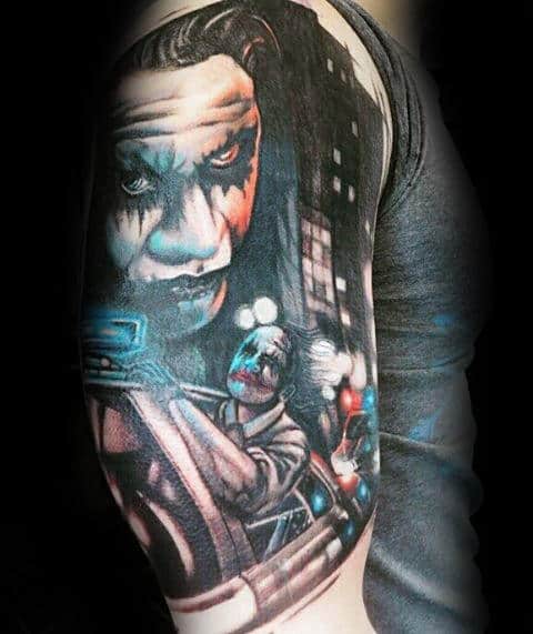 Joker Riding On Police Car Mens Half Sleeve Tattoos