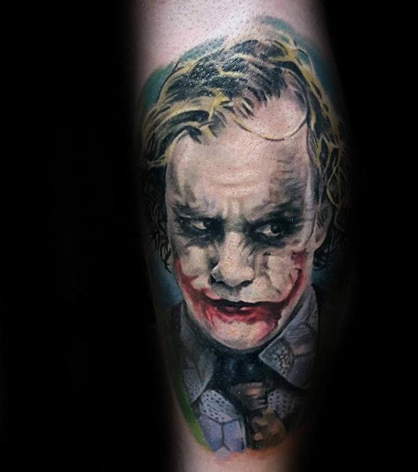 Joker Wearing Tie Mens Leg Tattoo