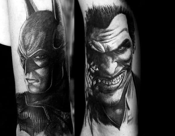 Joker With Batman Guys Tattoos On Both Forearms