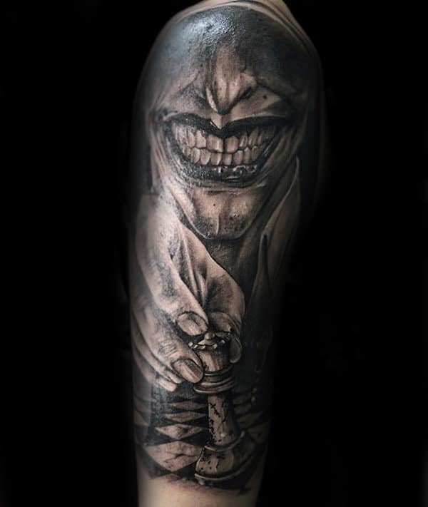 Joker With King Chess Piece Mens Half Sleeve Tattoo