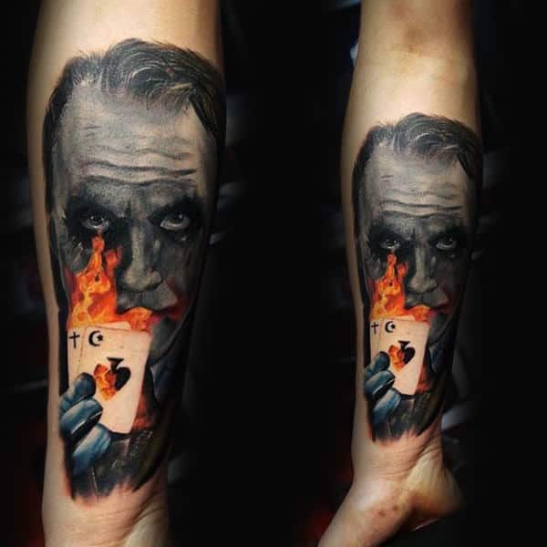 Joker With Playing Cards On Fire Mens Tattoos