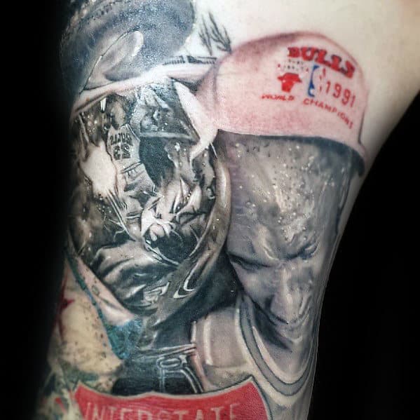 Jordan With Bulls Hat And Trophy Mens Arm Tattoo