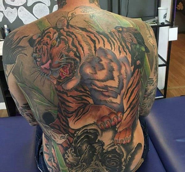 Jumping Tiger Crazy Guys Back Tattoos