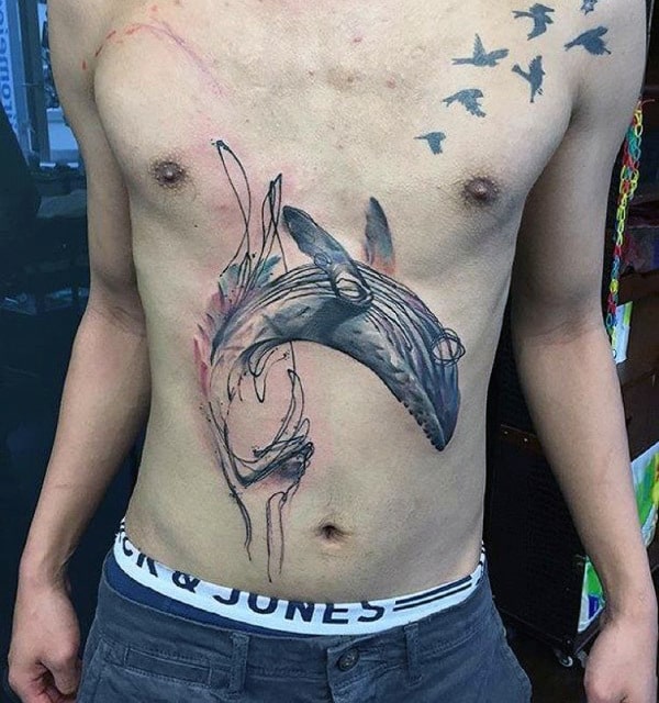 Jumping Whale Mens Watercolor Chest Tattoo Designs