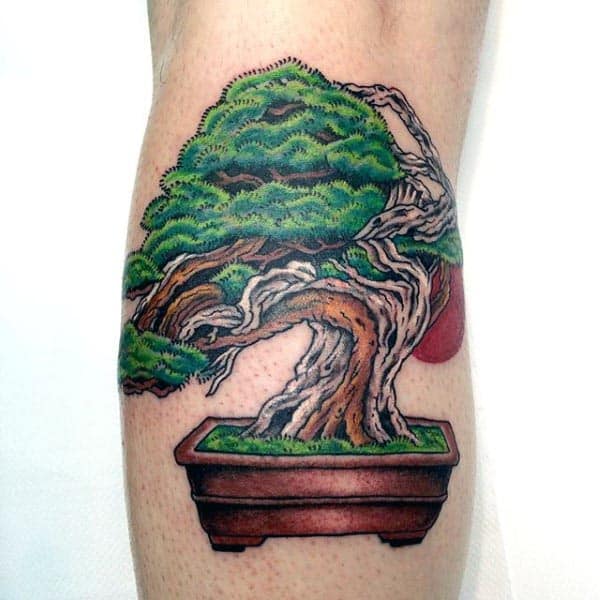 Juniper Bonsai Tree Mens Leg Calf Tattoo