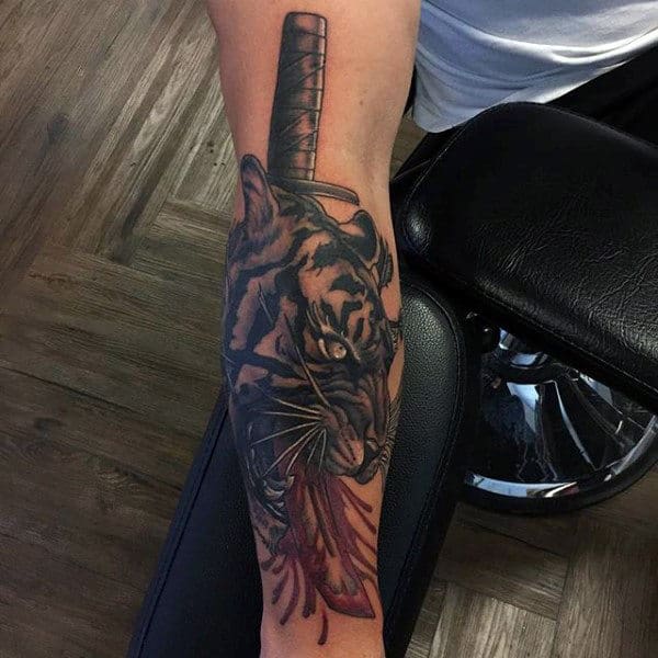 Katana Through Tiger Mens Outer Forearm Tattoo