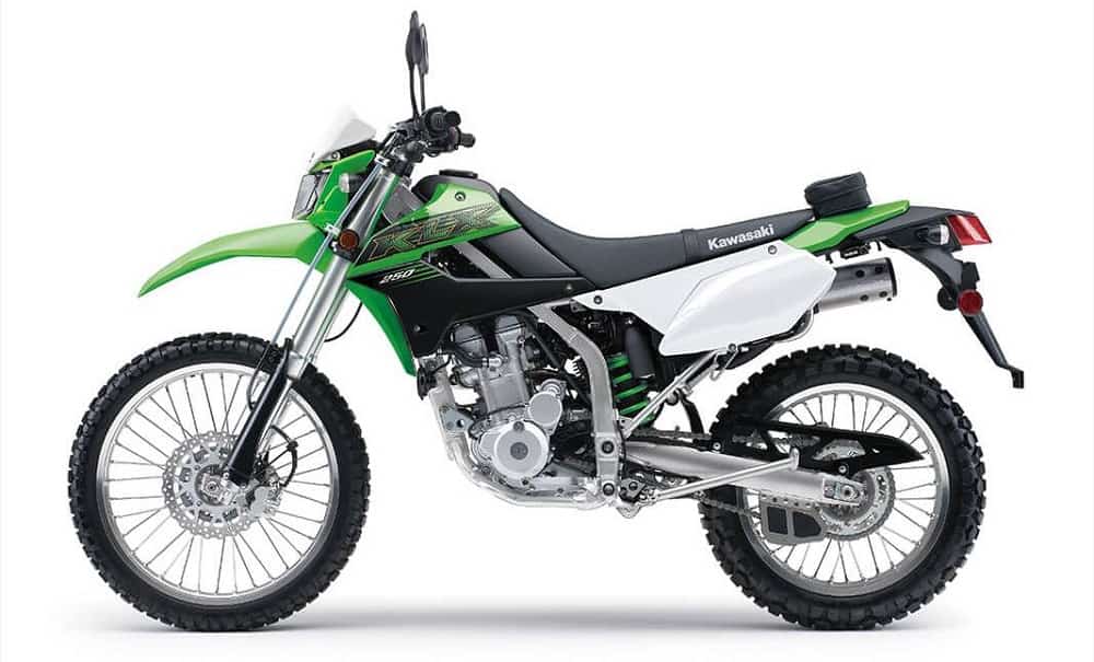 kawasaki klx250 green and white sports bike on white surface