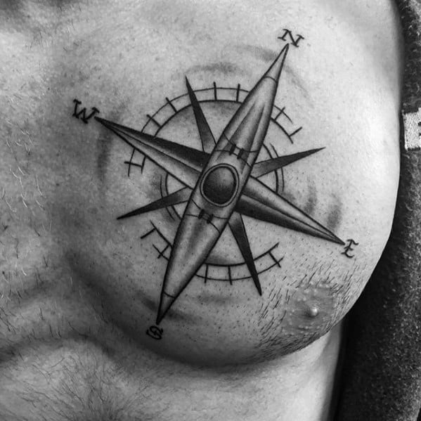 Alt text: Detailed black and grey tattoo of a compass with directional markings (N, S, E, W), symbolizing navigation and adventure.