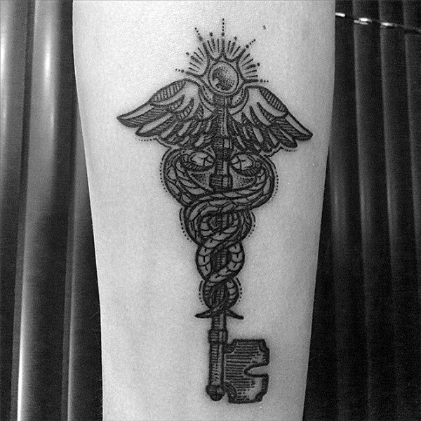 Key Caduceus Mens Small Forearm Tattoos