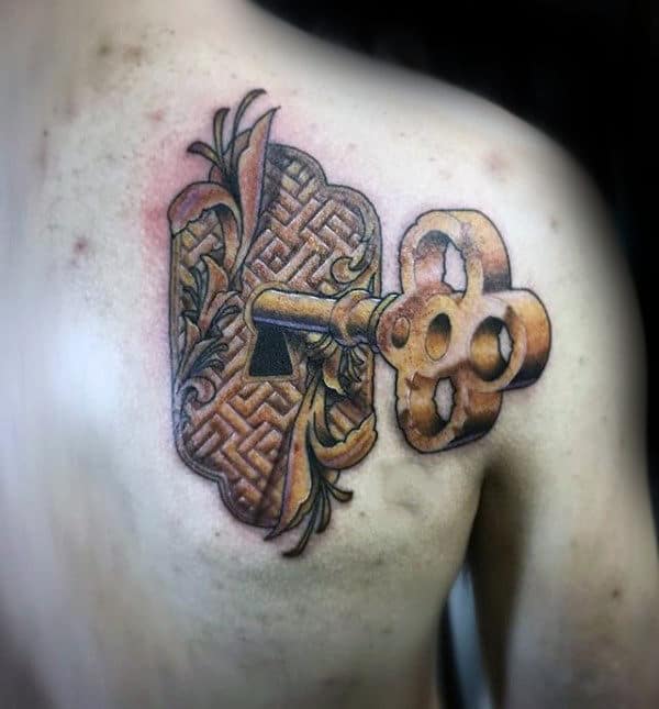 Key Inside Of Keyhole Mens Shoulder Glade Tattoos With 3d Dsign