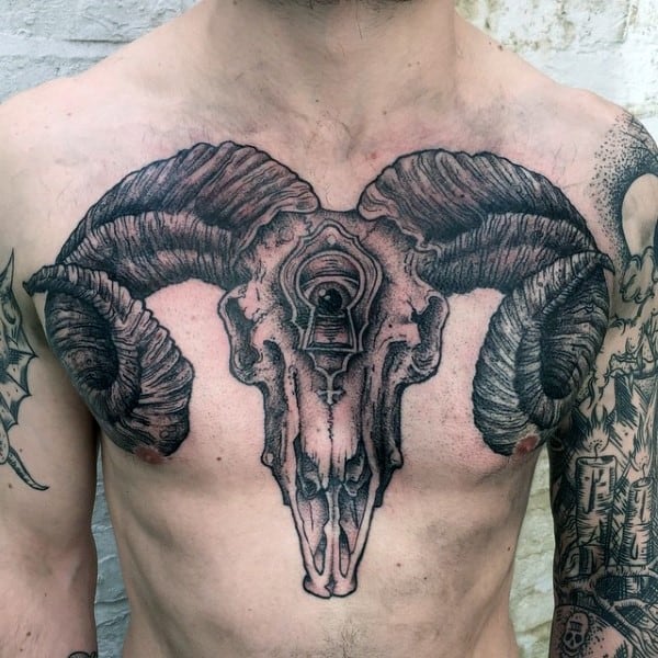 Keyhole Eye Mens Ram Skull Chest Tattoo