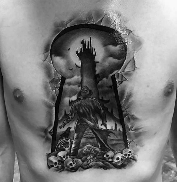 Keyhole With Skulls Guys Chest 3d Tattoo Designs