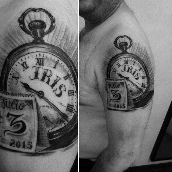 kids name iris pocket watch with calender birthday mens upper arm tattoo
