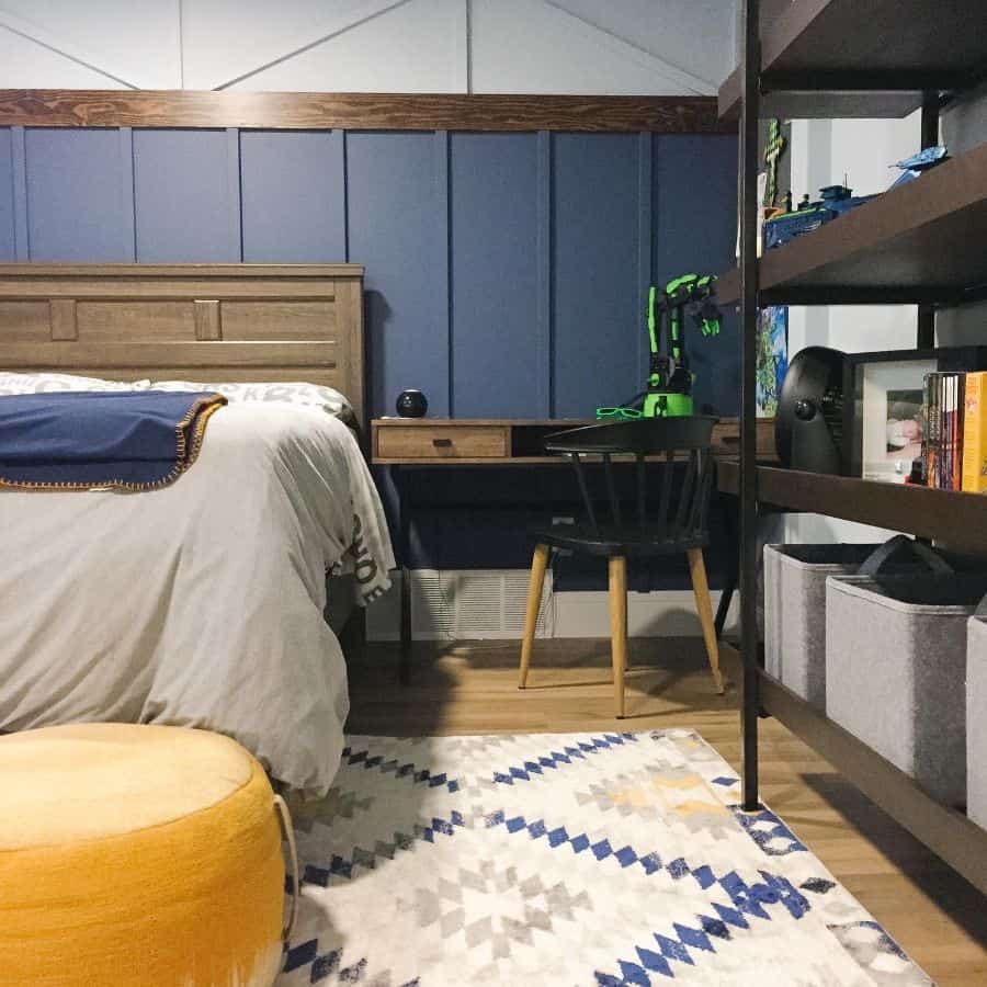 Cozy kids' bedroom with a blue accent wall, wooden desk, and playful decor accents.