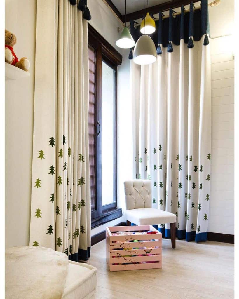 white curtains tree design kids room 