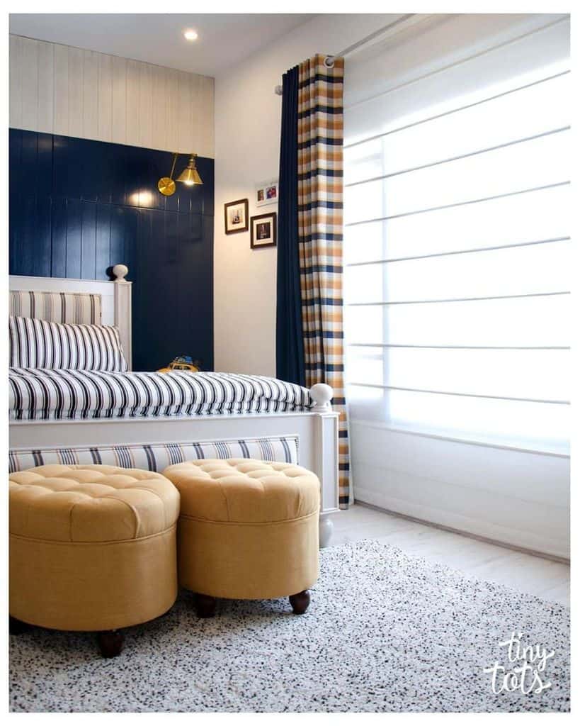 modern kids bedroom blue accent wall check curtains 