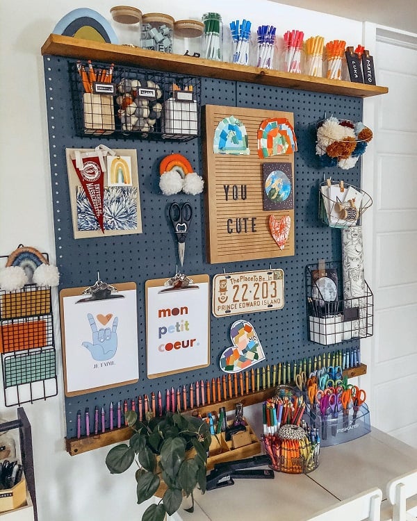 kids room decor art room pegboard storage
